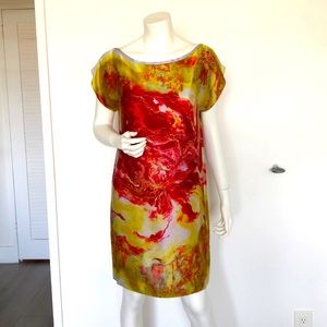 Seasatin 100 % silk dress red rose print, size S, flowy fit